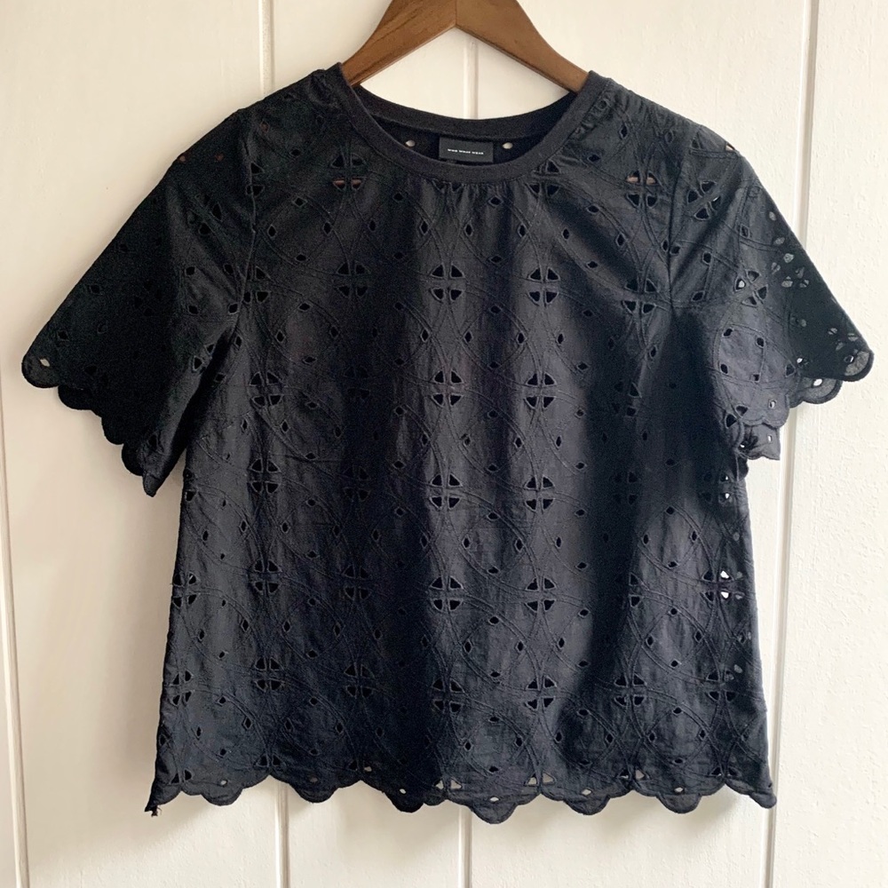 Eyelet Cotton Black Crewneck Blouse